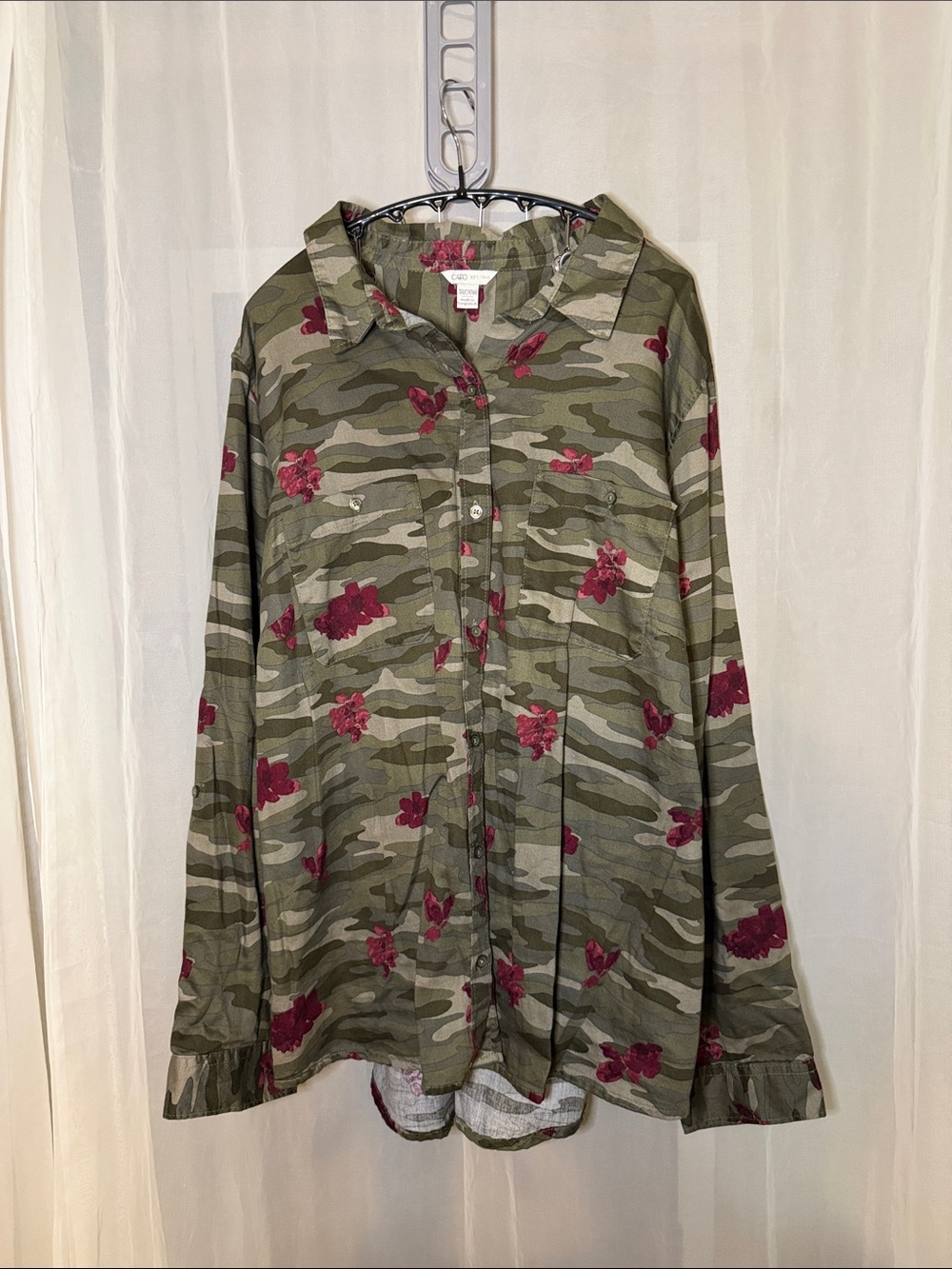 Cato Olive Camo Button-Up Shirt with Burgundy Floral Print